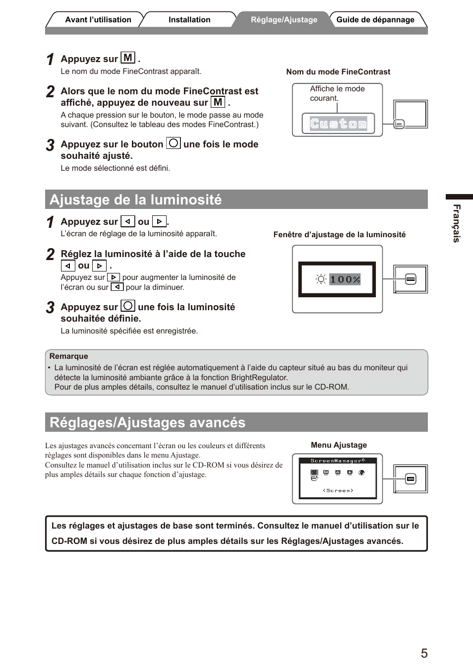 Ajustage de la luminosité, Réglages/ajustages avancés | Eizo FlexScan S2100 User Manual | Page 19 / 60