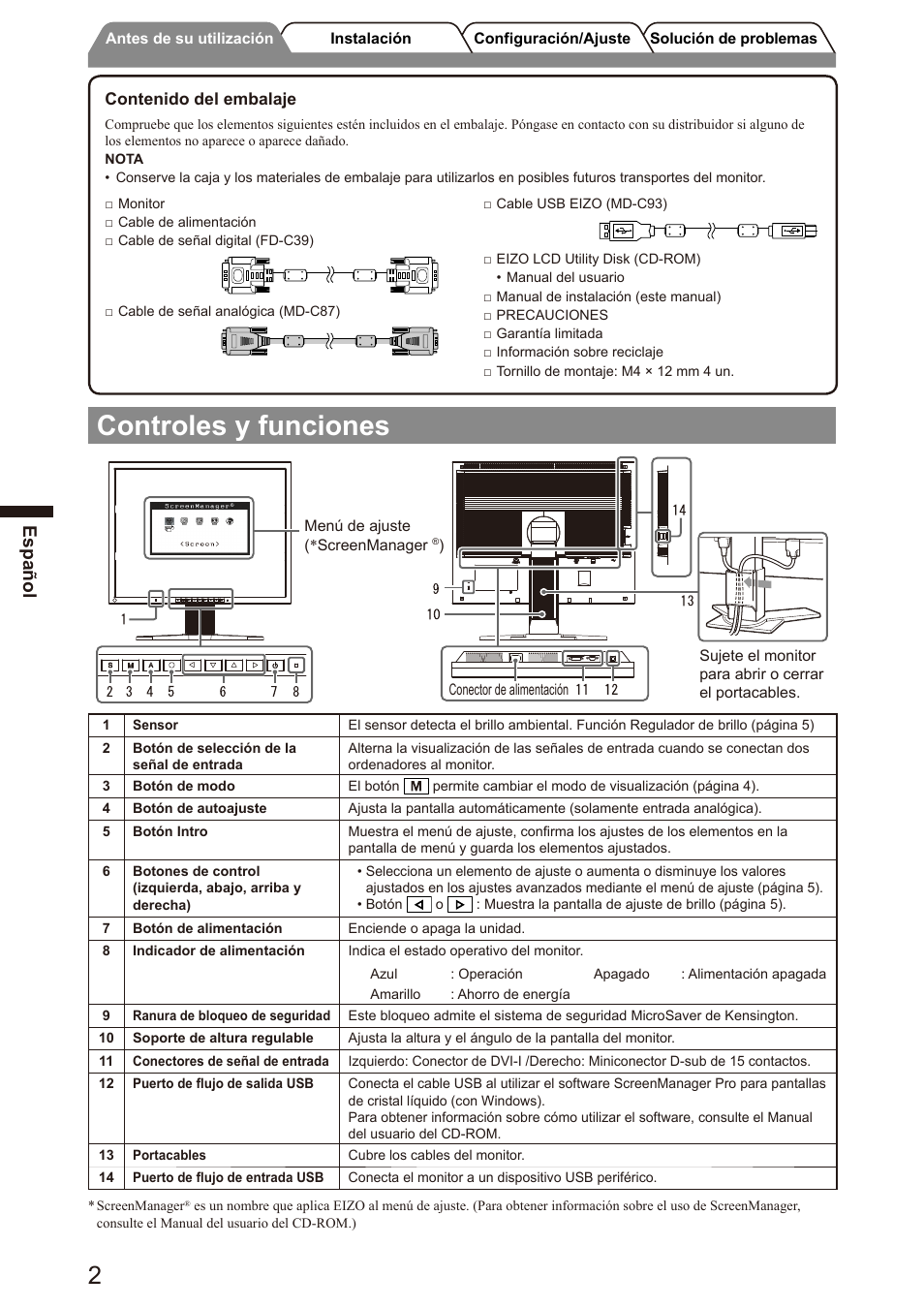 Controles y funciones, Español | Eizo FlexScan S2100 User Manual | Page 22 / 60
