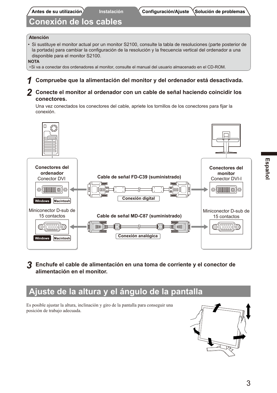 Conexión de los cables, Ajuste de la altura y el ángulo de la pantalla | Eizo FlexScan S2100 User Manual | Page 23 / 60