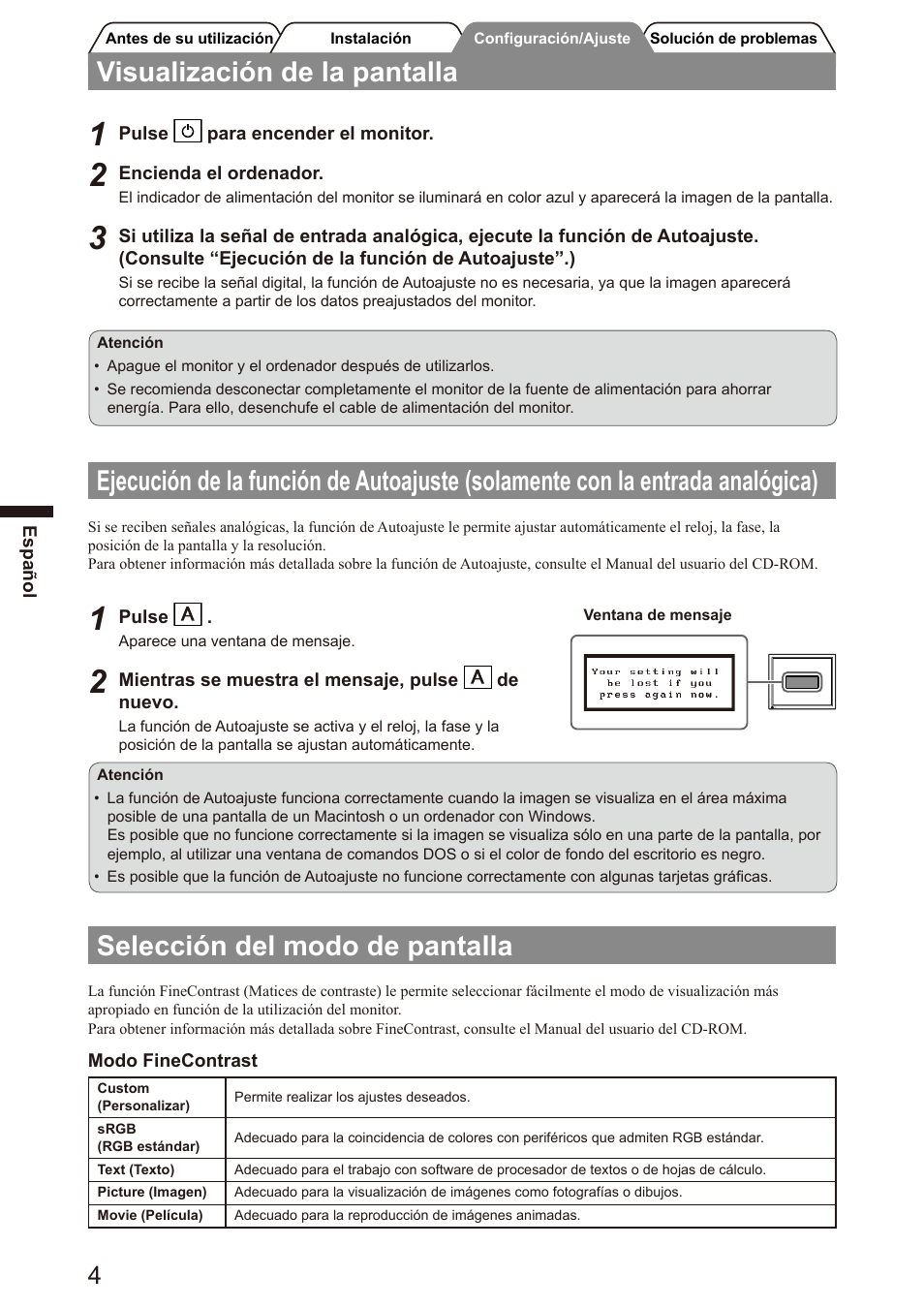 Visualización de la pantalla, Selección del modo de pantalla | Eizo FlexScan S2100 User Manual | Page 24 / 60