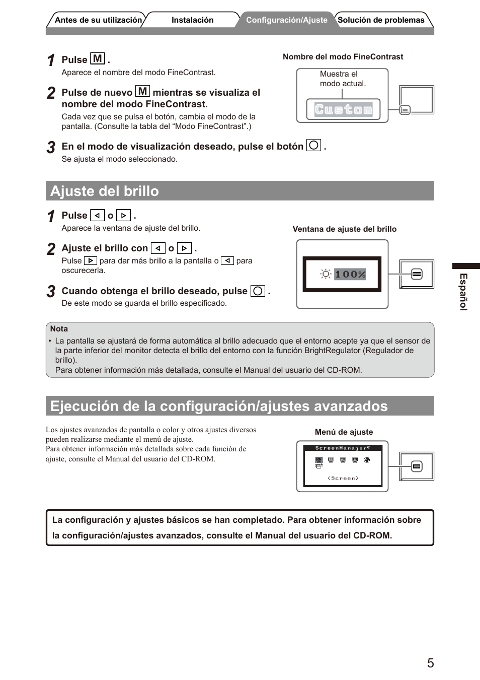 Ajuste del brillo, Ejecución de la conﬁguración/ajustes avanzados | Eizo FlexScan S2100 User Manual | Page 25 / 60