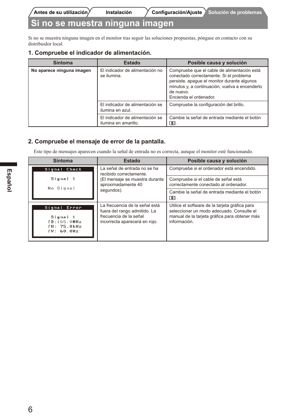 Si no se muestra ninguna imagen, Español, Compruebe el indicador de alimentación | Compruebe el mensaje de error de la pantalla | Eizo FlexScan S2100 User Manual | Page 26 / 60