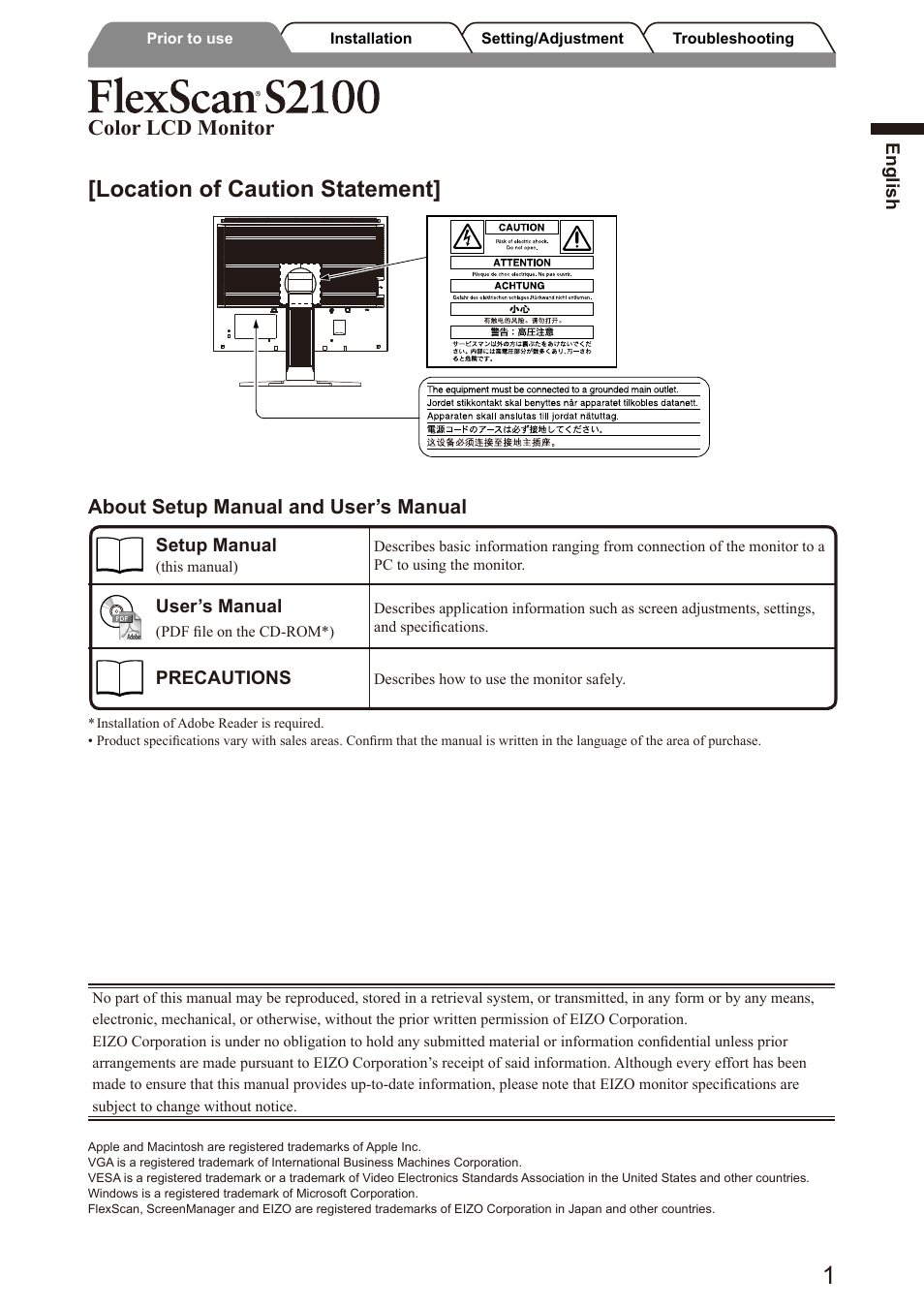 Location of caution statement, Color lcd monitor | Eizo FlexScan S2100 User Manual | Page 3 / 60