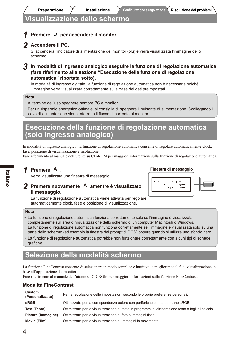 Visualizzazione dello schermo, Selezione della modalità schermo | Eizo FlexScan S2100 User Manual | Page 30 / 60