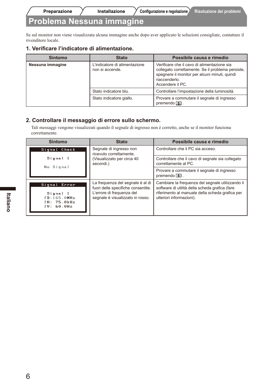 Problema nessuna immagine, Italiano, Veriﬁcare l’indicatore di alimentazione | Controllare il messaggio di errore sullo schermo | Eizo FlexScan S2100 User Manual | Page 32 / 60