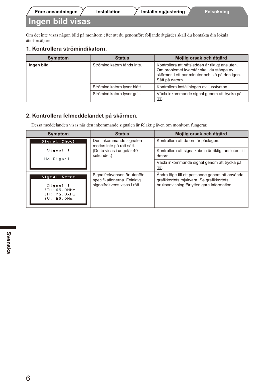 Ingen bild visas, Svenska, Kontrollera strömindikatorn | Kontrollera felmeddelandet på skärmen | Eizo FlexScan S2100 User Manual | Page 38 / 60