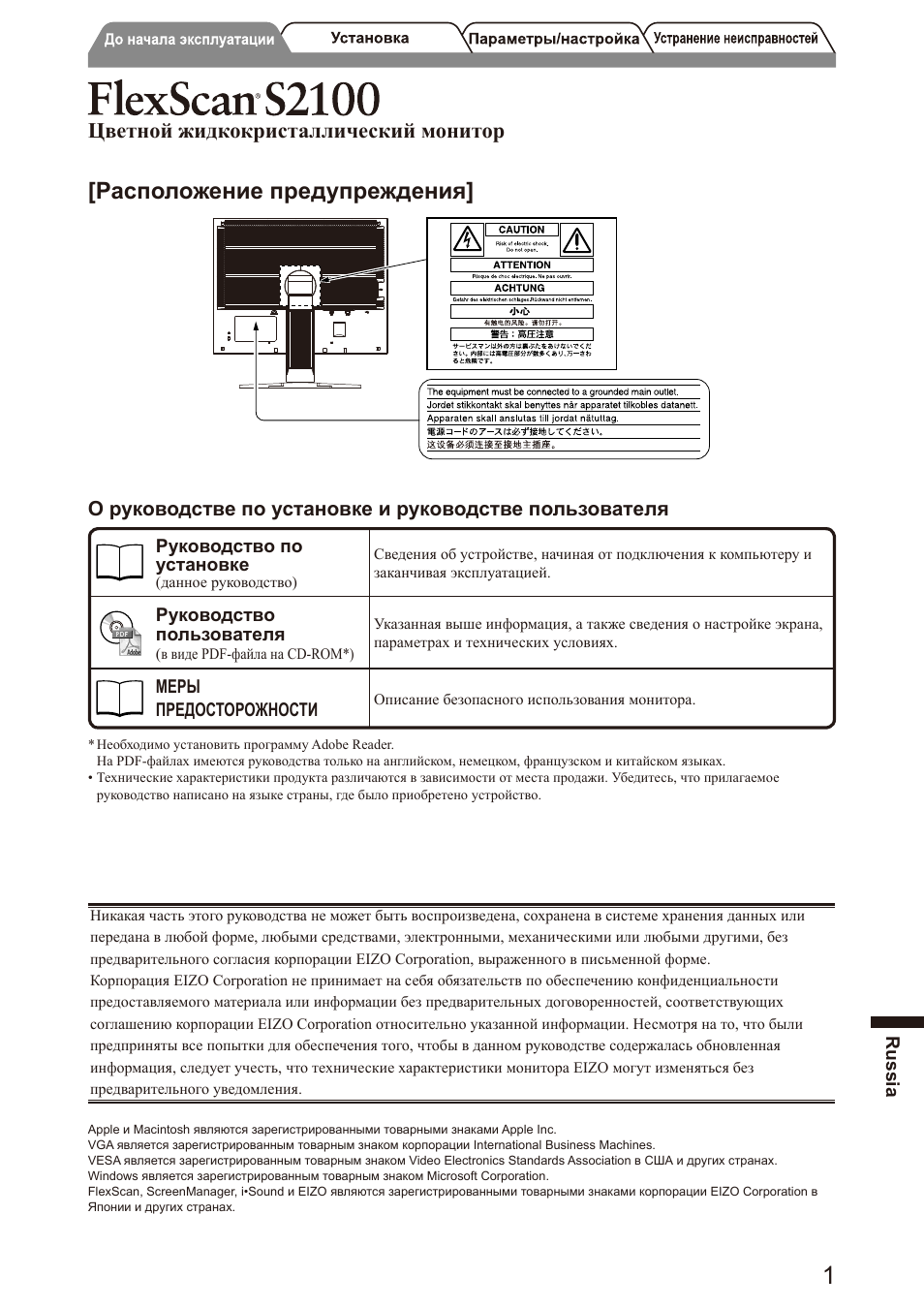 Расположение предупреждения, Цветной жидкокристаллический монитор | Eizo FlexScan S2100 User Manual | Page 45 / 60