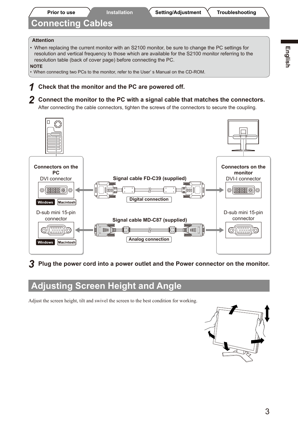 Connecting cables, Adjusting screen height and angle | Eizo FlexScan S2100 User Manual | Page 5 / 60