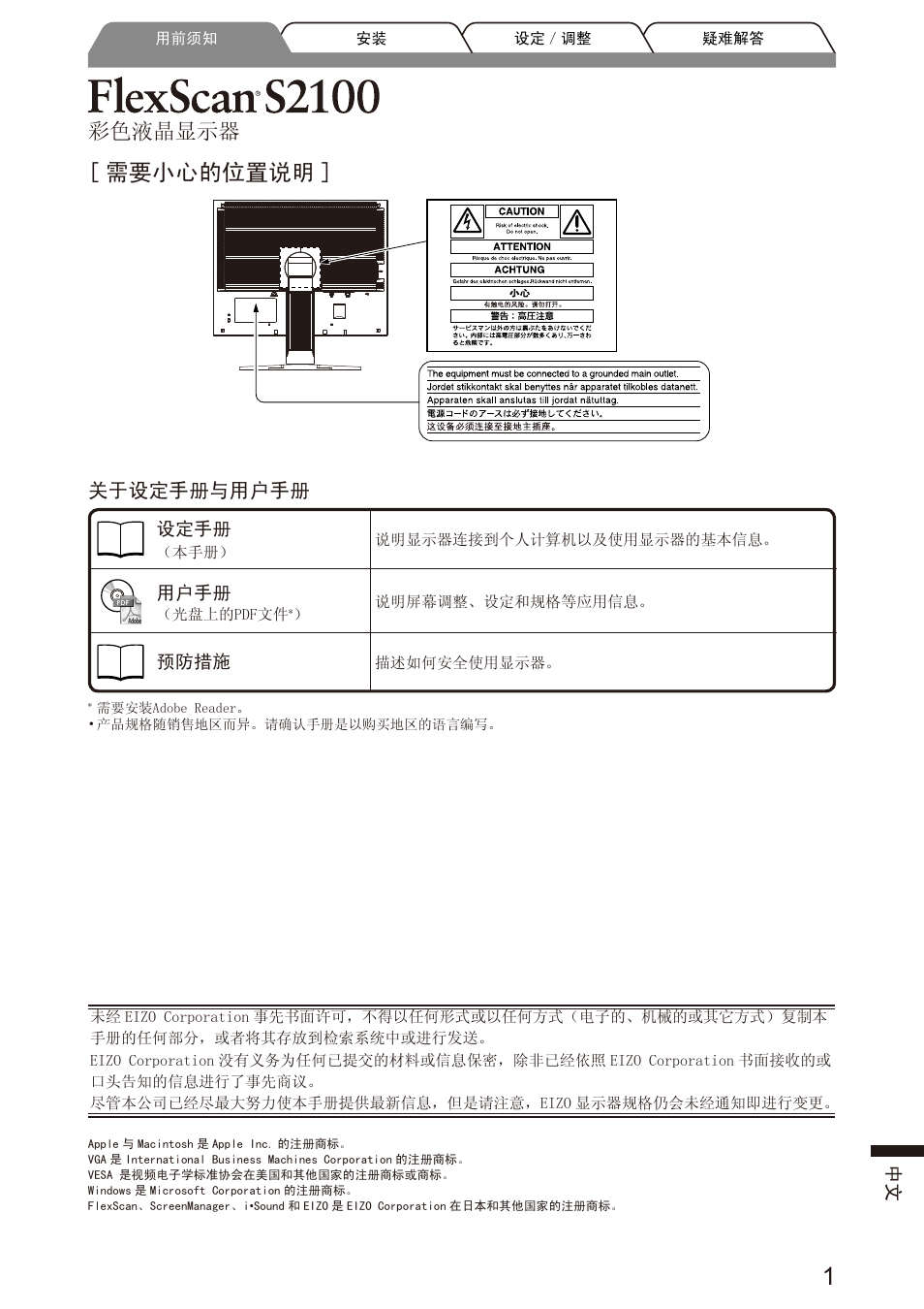 需要小心的位置说明, 彩色液晶显示器, 关于设定手册与用户手册 | Eizo FlexScan S2100 User Manual | Page 51 / 60