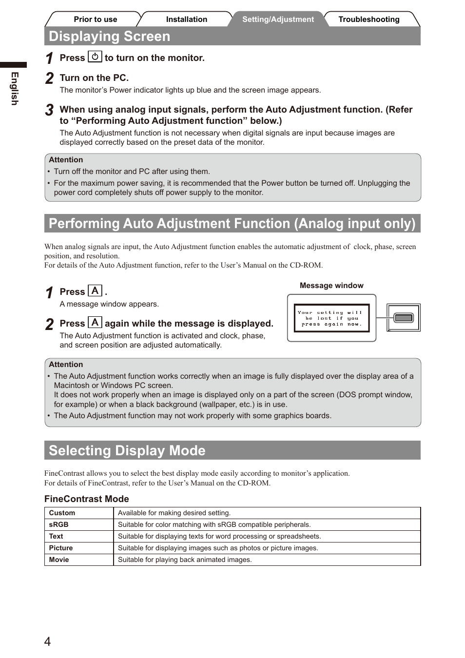 Displaying screen, Selecting display mode | Eizo FlexScan S2100 User Manual | Page 6 / 60