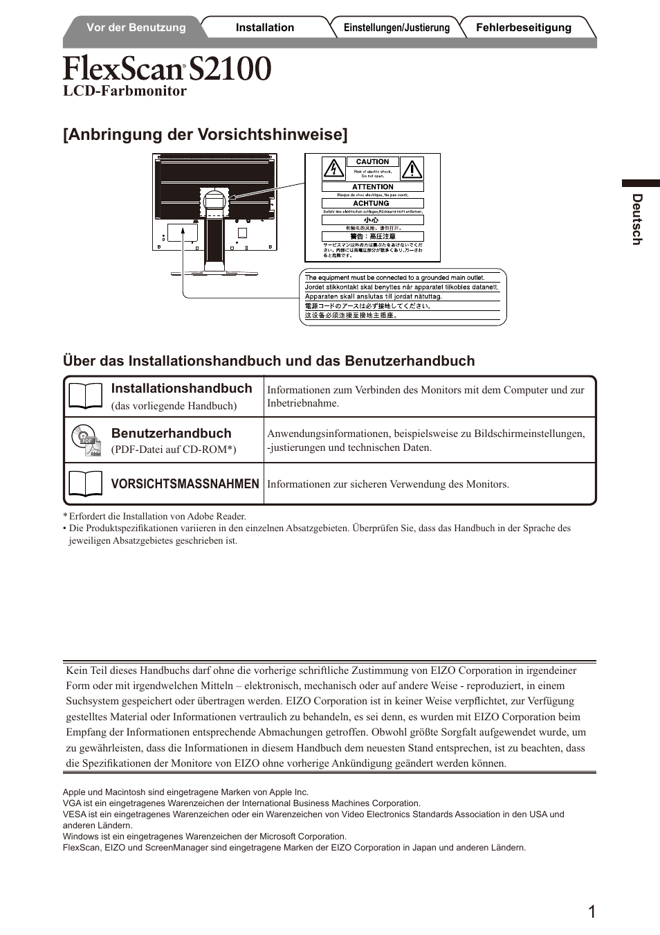 Anbringung der vorsichtshinweise, Lcd-farbmonitor | Eizo FlexScan S2100 User Manual | Page 9 / 60