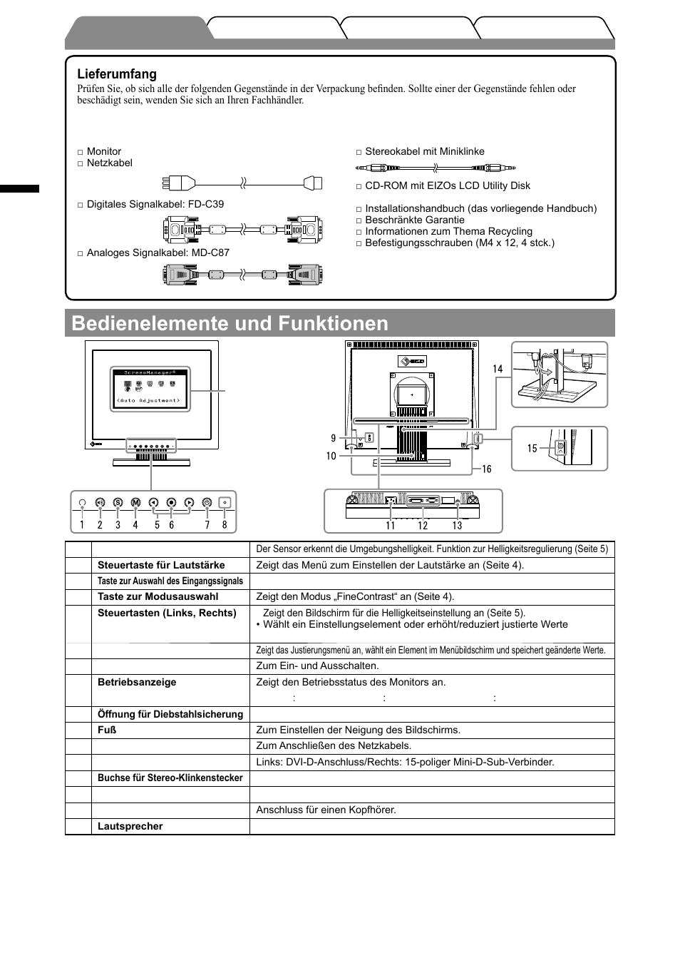 Bedienelemente und funktionen, Deutsch, Lieferumfang | Eizo FlexScan S1501-B User Manual | Page 10 / 60