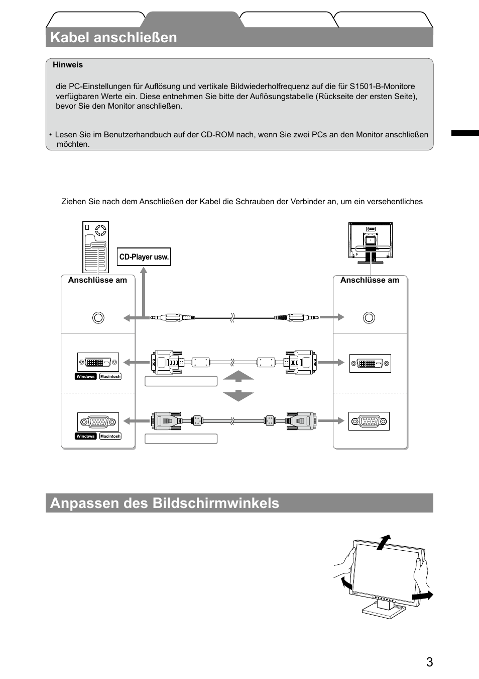 Kabel anschließen, Anpassen des bildschirmwinkels | Eizo FlexScan S1501-B User Manual | Page 11 / 60