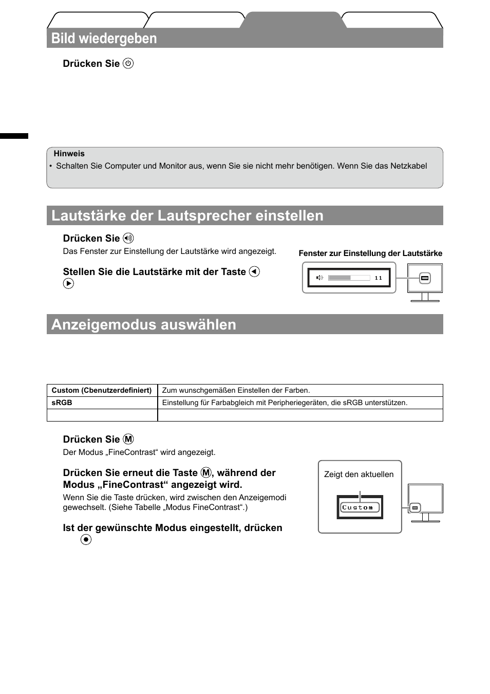 Lautstärke der lautsprecher einstellen, Bild wiedergeben, Anzeigemodus auswählen | Eizo FlexScan S1501-B User Manual | Page 12 / 60