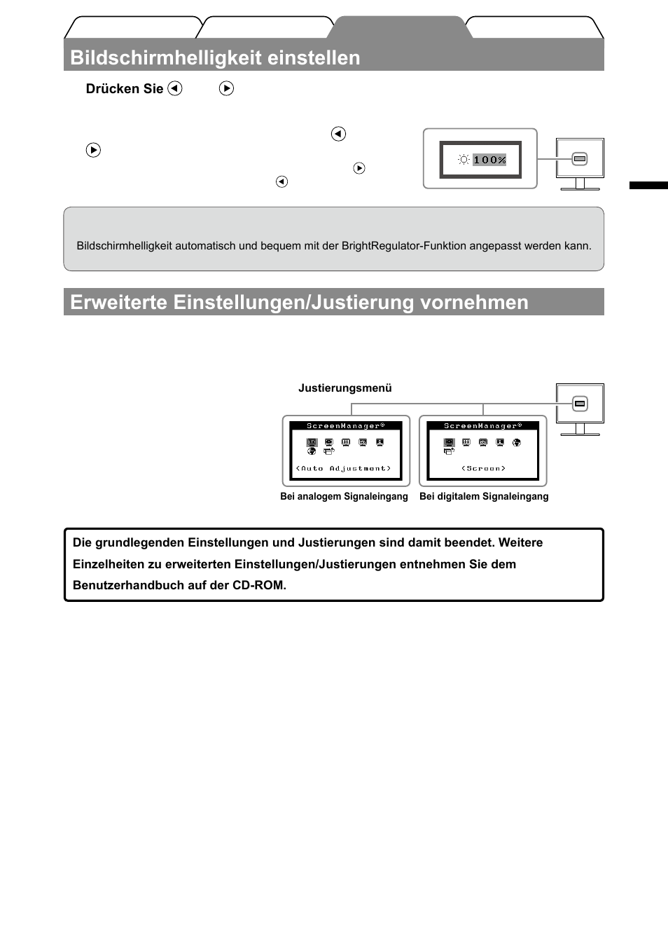 Bildschirmhelligkeit einstellen, Erweiterte einstellungen/justierung vornehmen | Eizo FlexScan S1501-B User Manual | Page 13 / 60