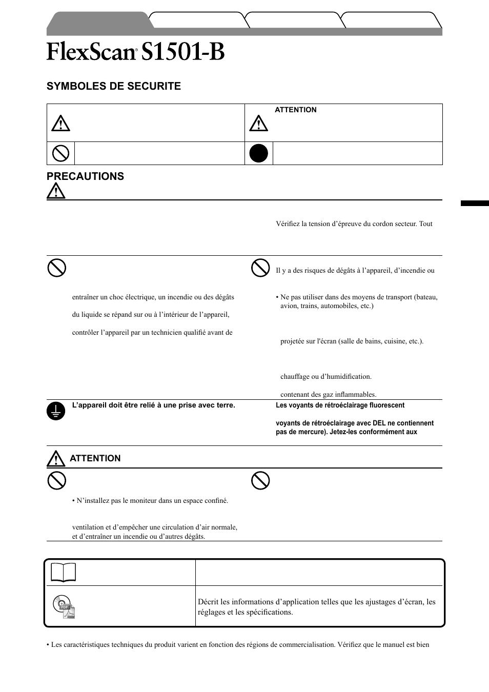 Moniteur couleur lcd, Symboles de securite, Precautions | Français, Manuel d’installation, Manuel d’utilisation | Eizo FlexScan S1501-B User Manual | Page 15 / 60