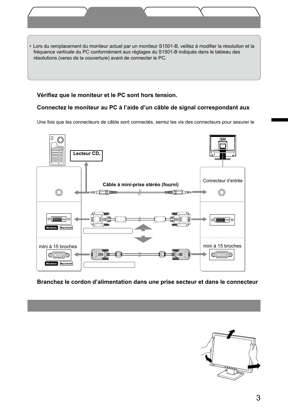 Connexion des câbles, Réglage de l’angle de l’écran | Eizo FlexScan S1501-B User Manual | Page 17 / 60