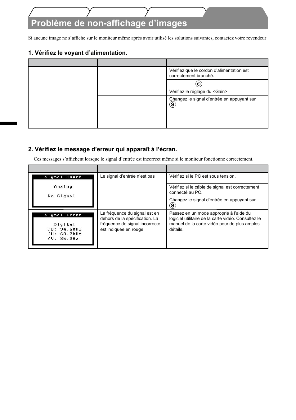 Problème de non-affichage d’images, Français, Vérifiez le voyant d’alimentation | Eizo FlexScan S1501-B User Manual | Page 20 / 60