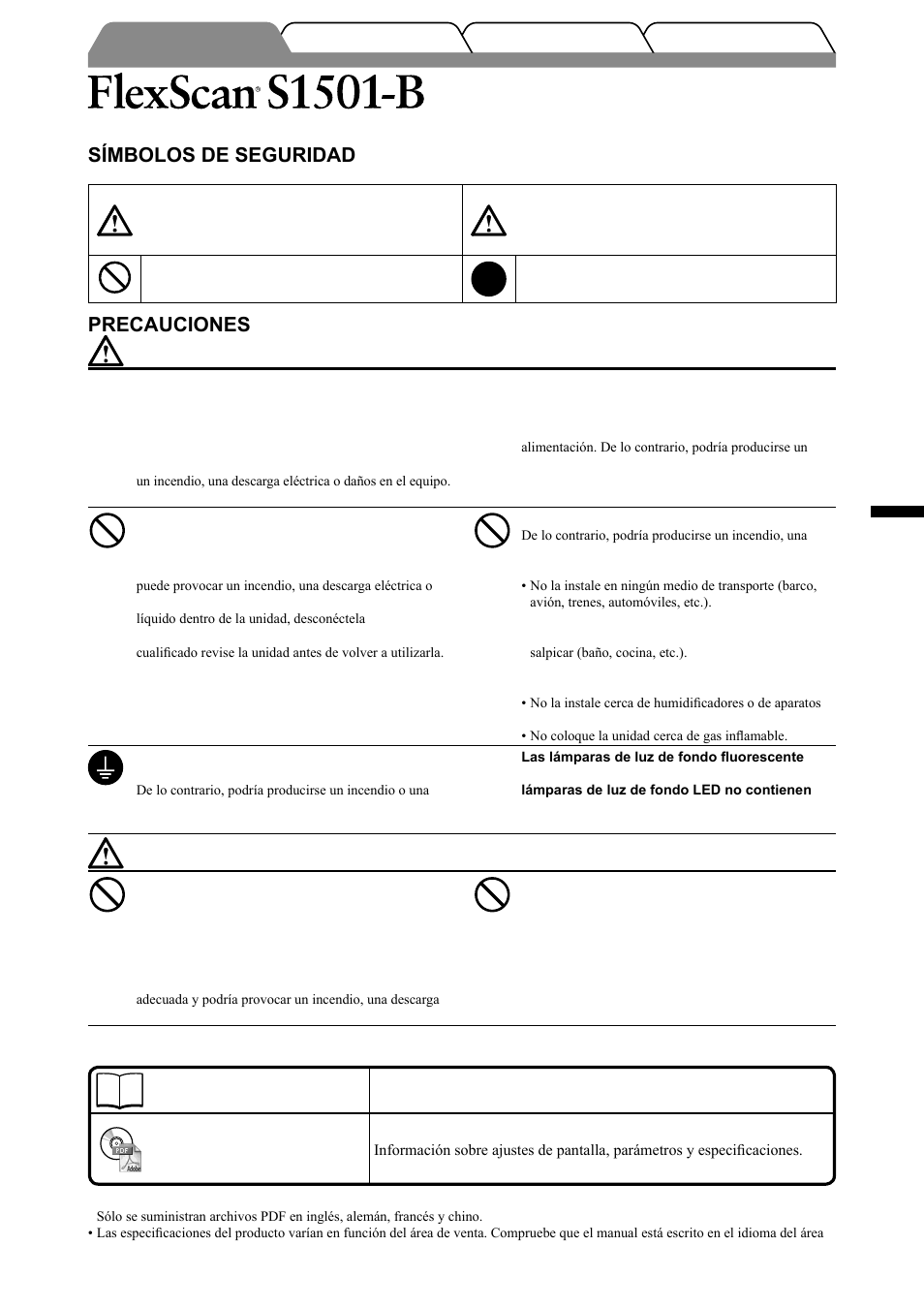 Monitor en color de pantalla de cristal líquido, Símbolos de seguridad, Precauciones | Español, Manual de instalación, Manual del usuario | Eizo FlexScan S1501-B User Manual | Page 21 / 60