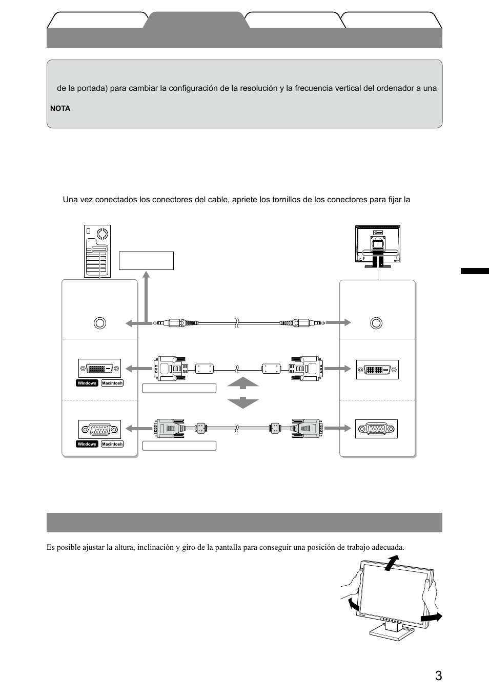 Conexión de los cables, Ajuste de la altura y el ángulo de la pantalla | Eizo FlexScan S1501-B User Manual | Page 23 / 60