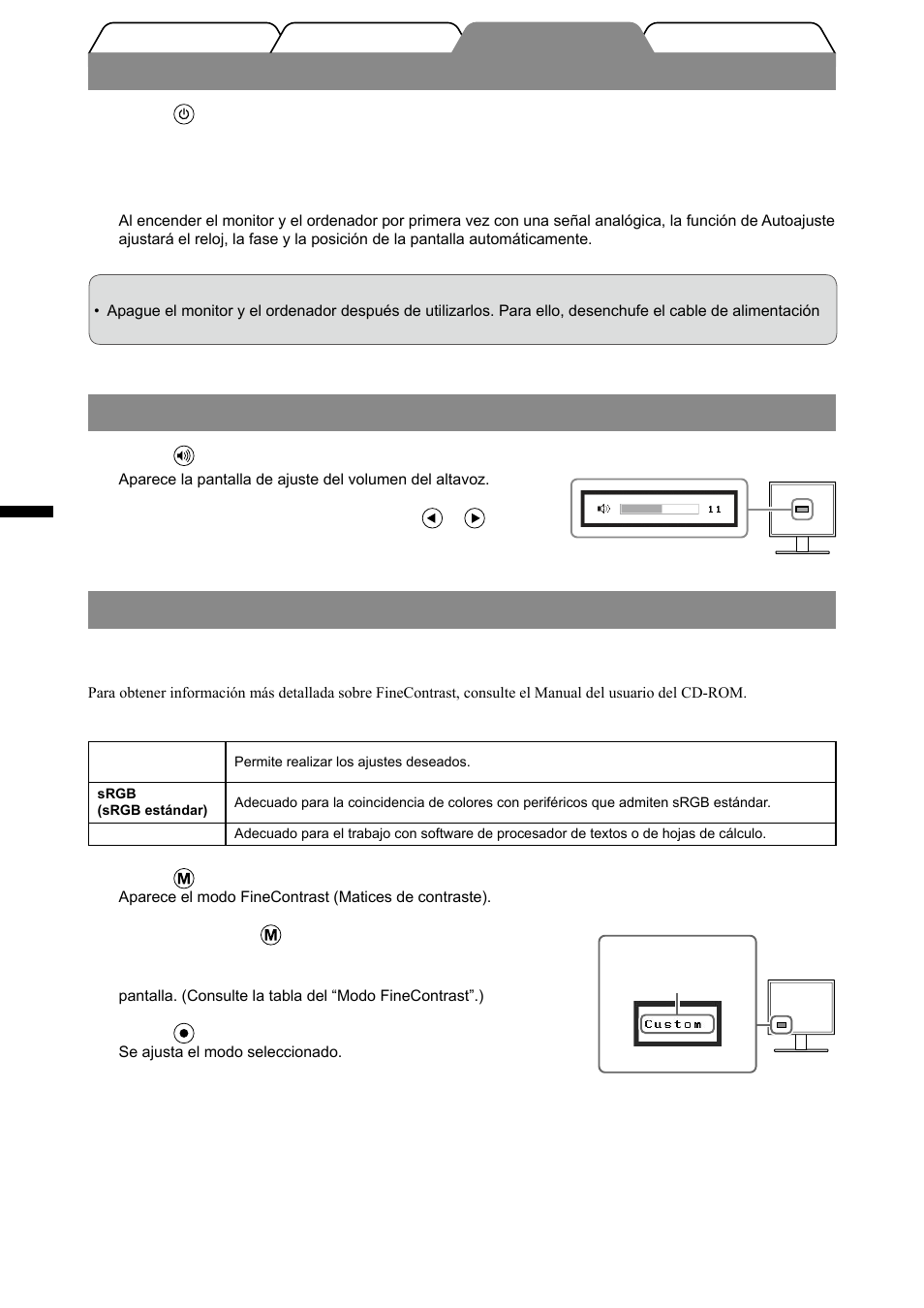 Visualización de la pantalla, Ajuste del volumen del altavoz, Selección del modo de pantalla | Eizo FlexScan S1501-B User Manual | Page 24 / 60