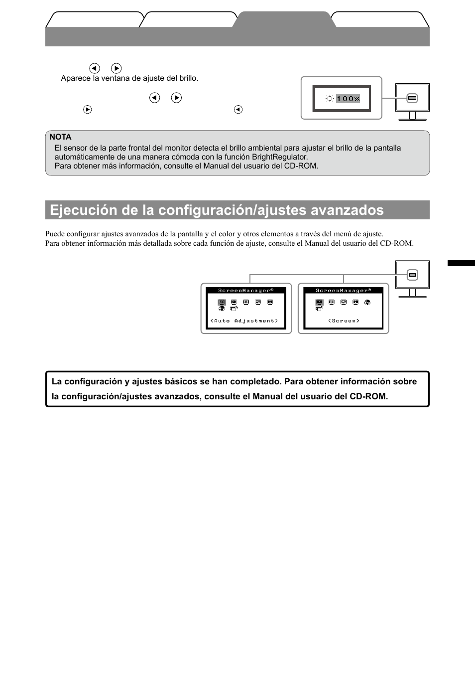 Ajuste del brillo, Ejecución de la configuración/ajustes avanzados | Eizo FlexScan S1501-B User Manual | Page 25 / 60