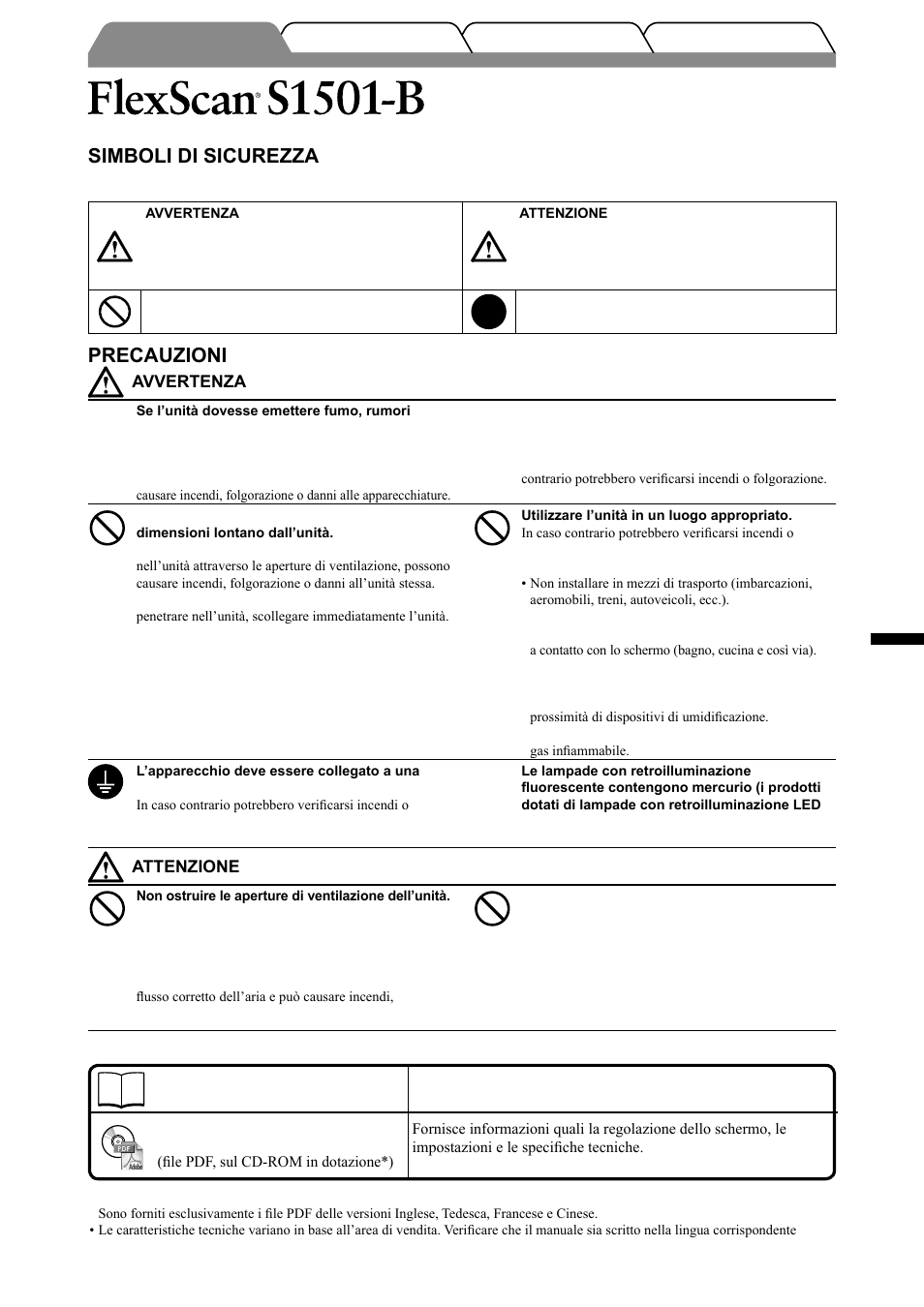 Monitor lcd a colori, Simboli di sicurezza, Precauzioni | Utente, Italiano, Manuale di installazione, Manuale dell’utente | Eizo FlexScan S1501-B User Manual | Page 27 / 60