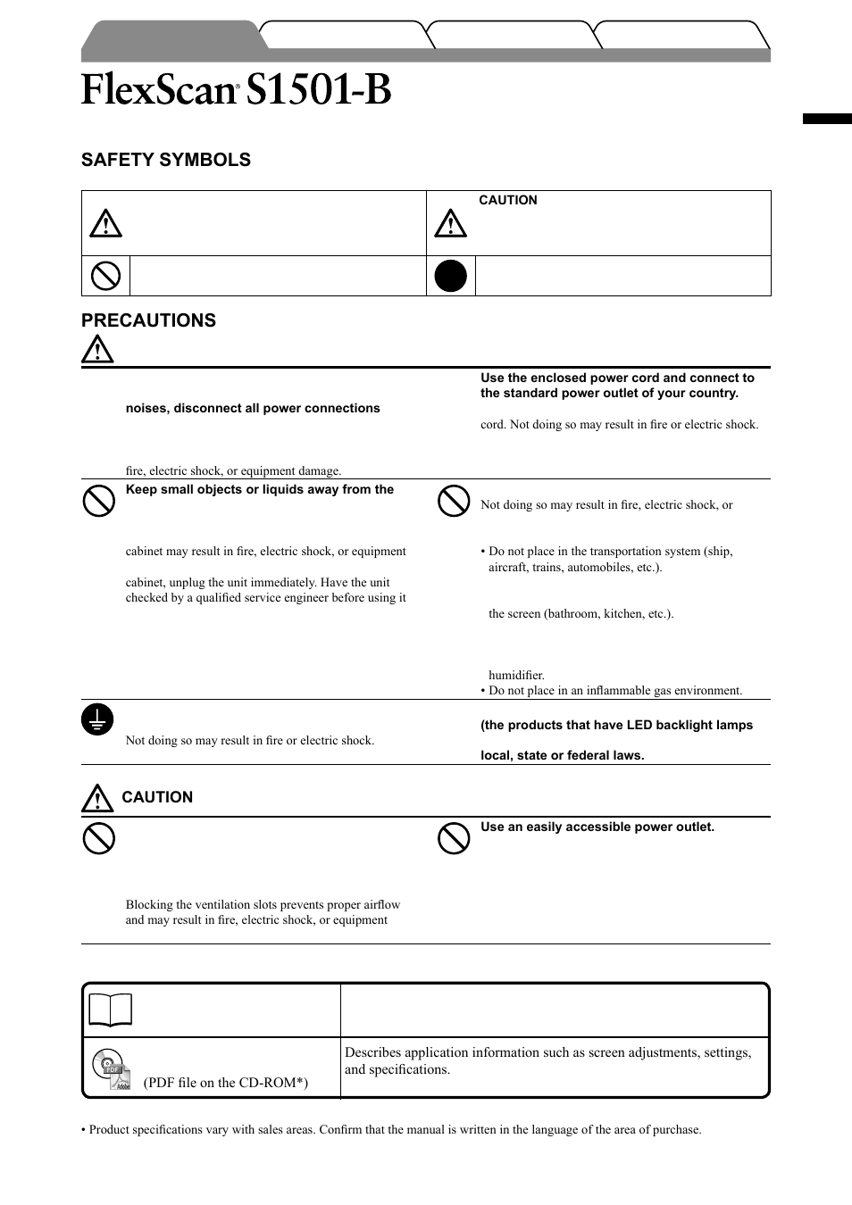 Color lcd monitor, Safety symbols, Precautions | About setup manual and user’s manual, English, Setup manual, User’s manual | Eizo FlexScan S1501-B User Manual | Page 3 / 60