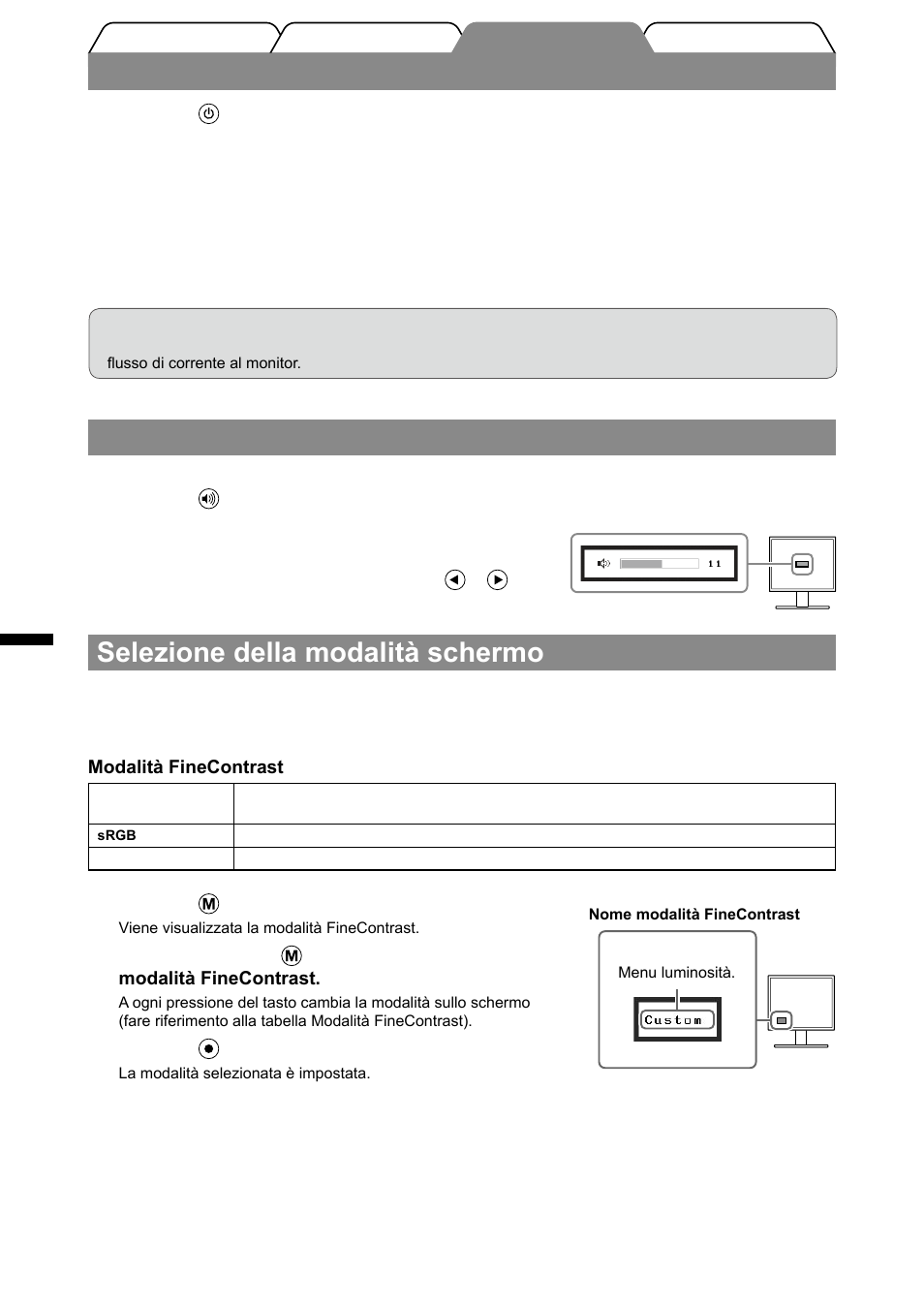 Visualizzazione dello schermo, Regolazione del volume del diffusore, Selezione della modalità schermo | Eizo FlexScan S1501-B User Manual | Page 30 / 60