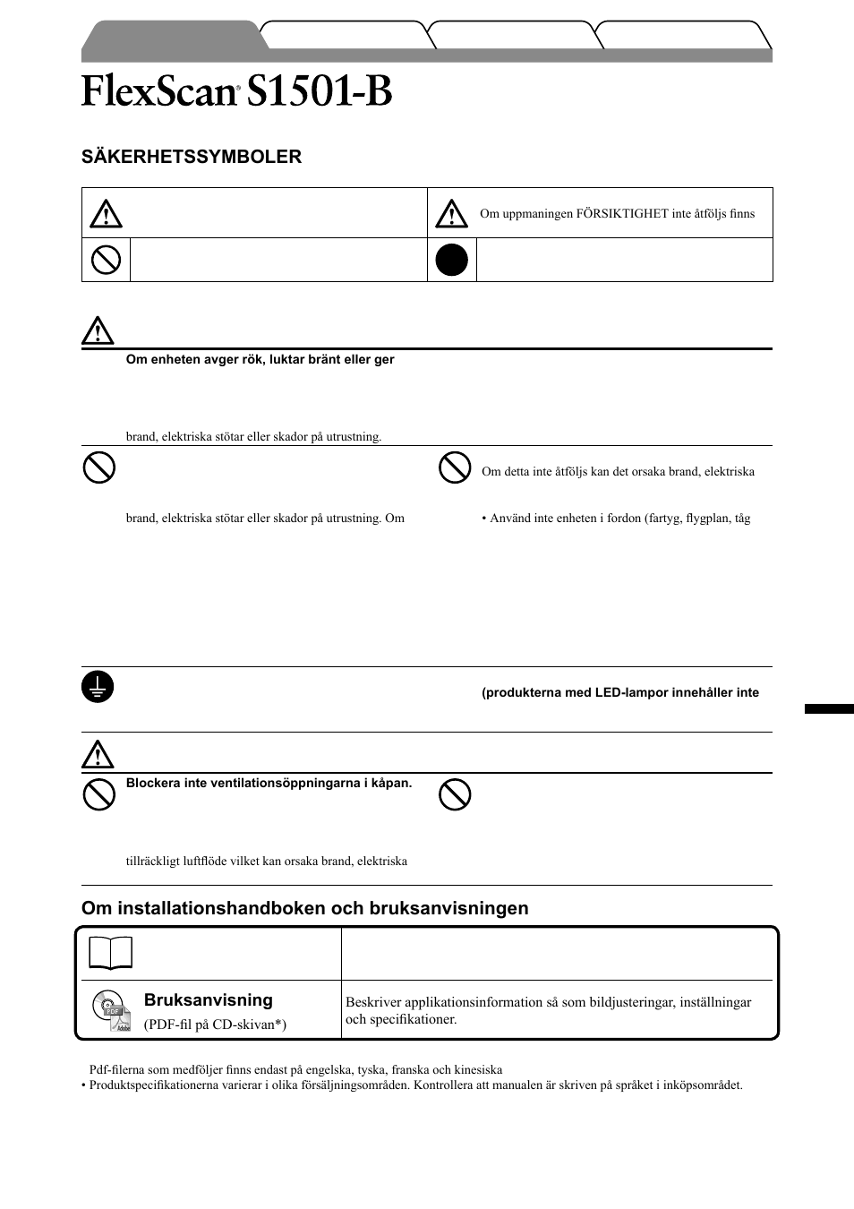 Lcd-färgskärm, Säkerhetssymboler, Försiktighetsåtgärder | Om installationshandboken och bruksanvisningen, Svenska, Installationshandboken, Bruksanvisning | Eizo FlexScan S1501-B User Manual | Page 33 / 60