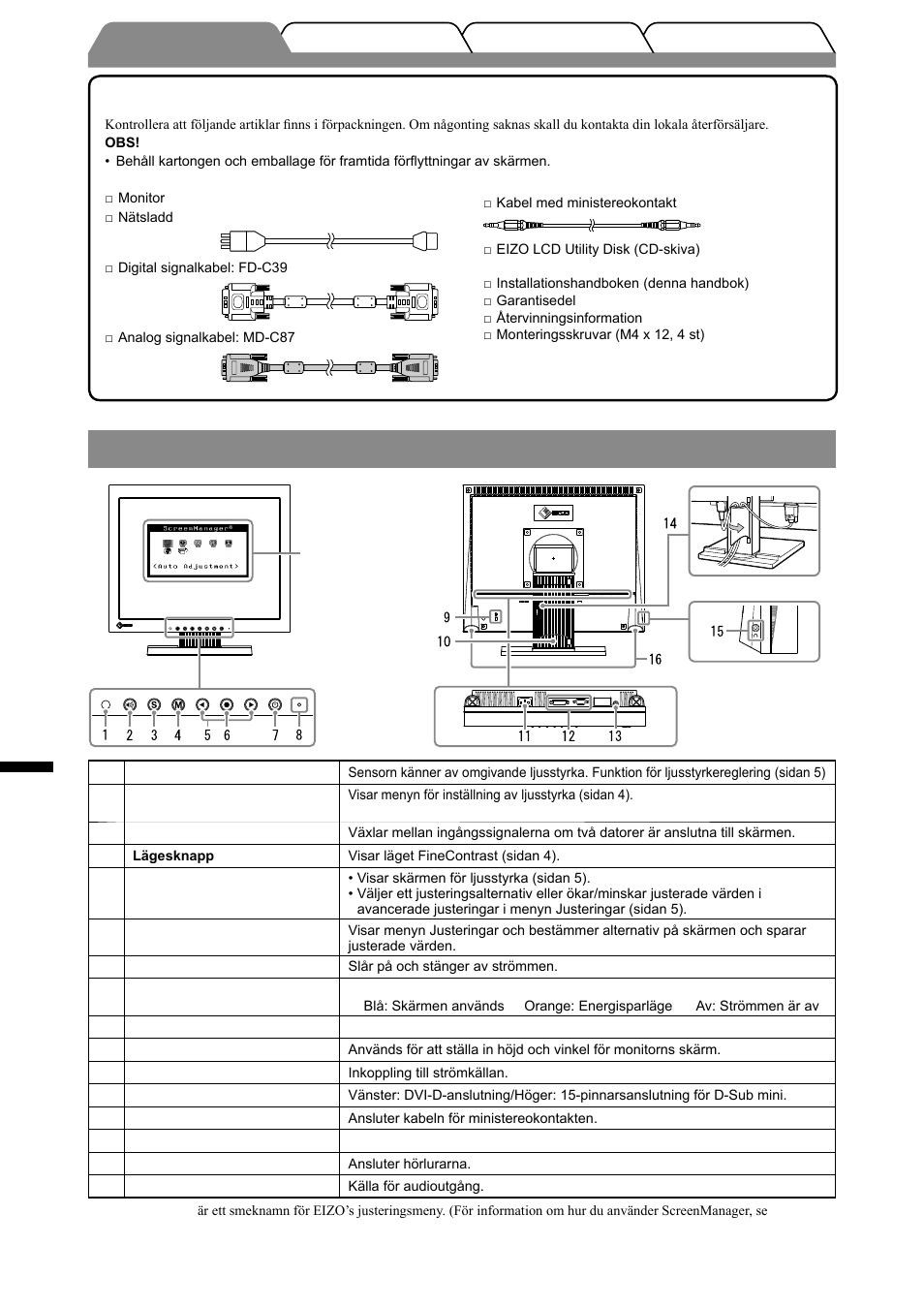 Reglage och funktioner, Svenska | Eizo FlexScan S1501-B User Manual | Page 34 / 60