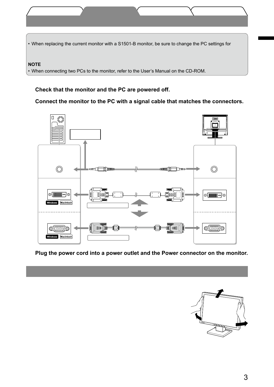 Connecting cables, Adjusting the screen angle | Eizo FlexScan S1501-B User Manual | Page 5 / 60