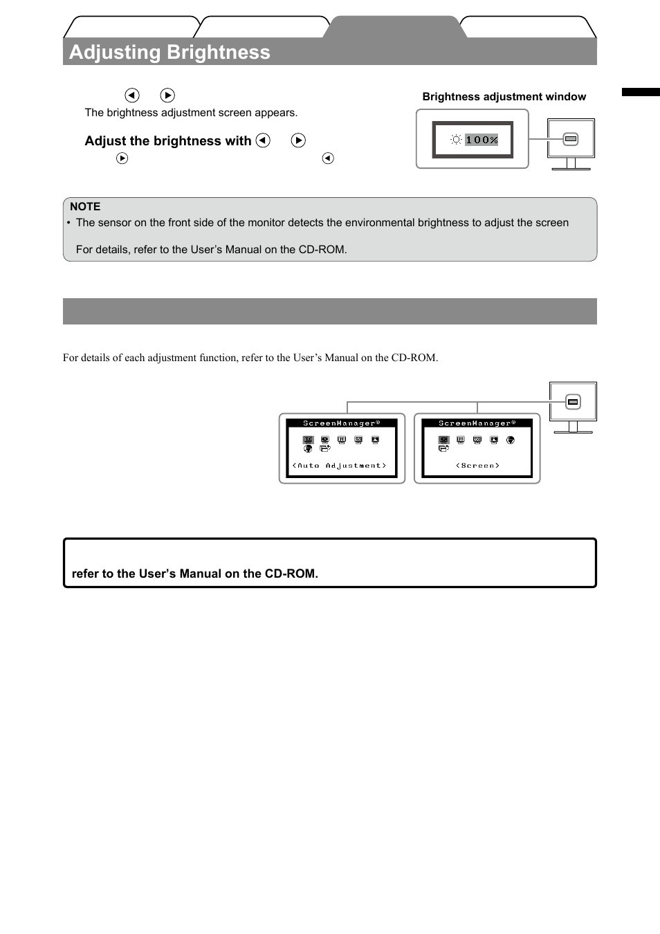 Adjusting brightness, Performing advanced settings/adjustments | Eizo FlexScan S1501-B User Manual | Page 7 / 60