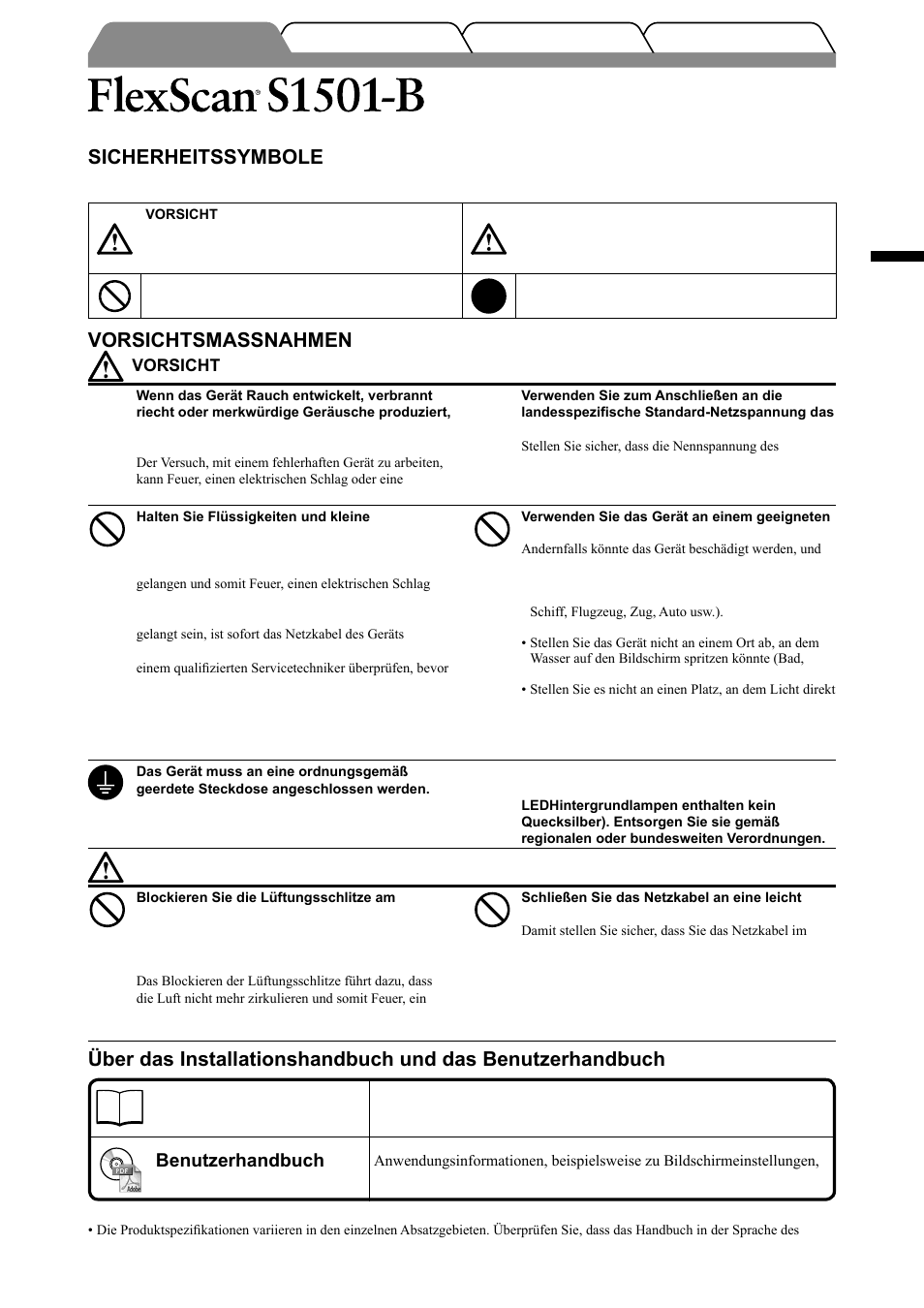 Lcd-farbmonitor, Sicherheitssymbole, Vorsichtsmassnahmen | Deutsch, Installationshandbuch, Benutzerhandbuch | Eizo FlexScan S1501-B User Manual | Page 9 / 60