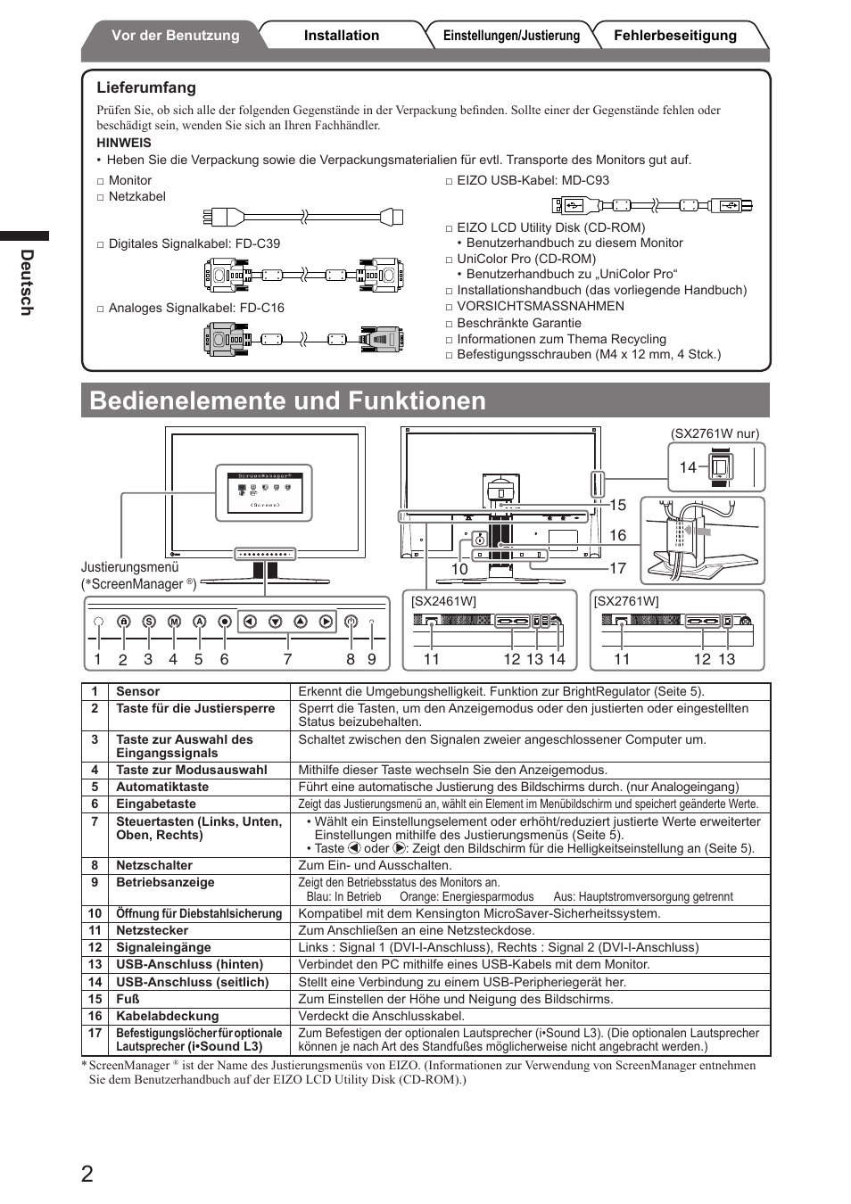 Bedienelemente und funktionen, Deutsch | Eizo FlexScan SX2761W User Manual | Page 10 / 60