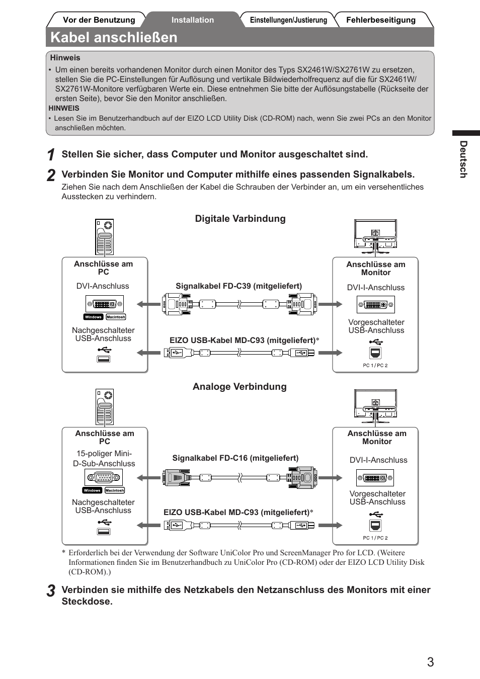 Kabel anschließen | Eizo FlexScan SX2761W User Manual | Page 11 / 60