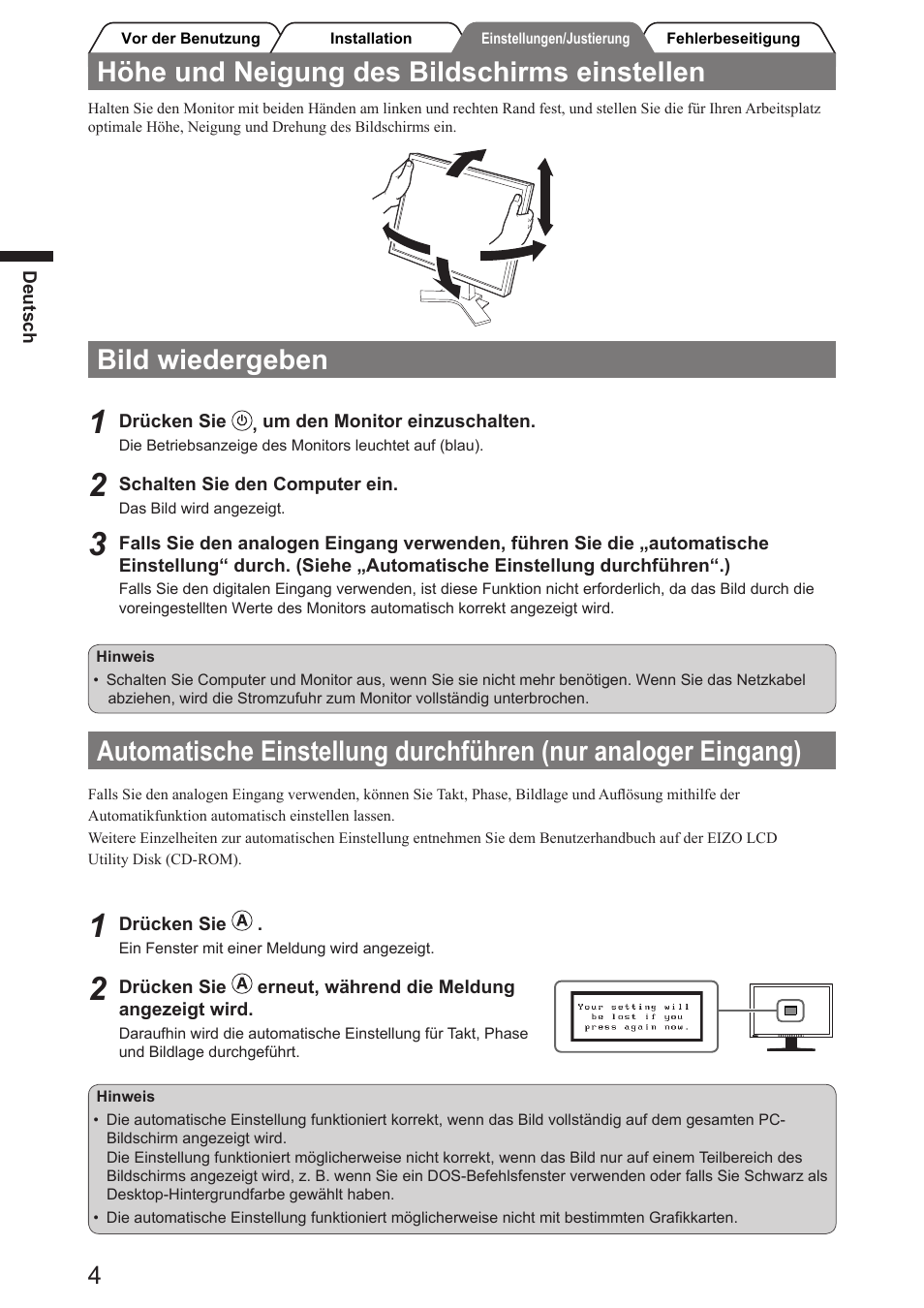 Höhe und neigung des bildschirms einstellen, Bild wiedergeben | Eizo FlexScan SX2761W User Manual | Page 12 / 60