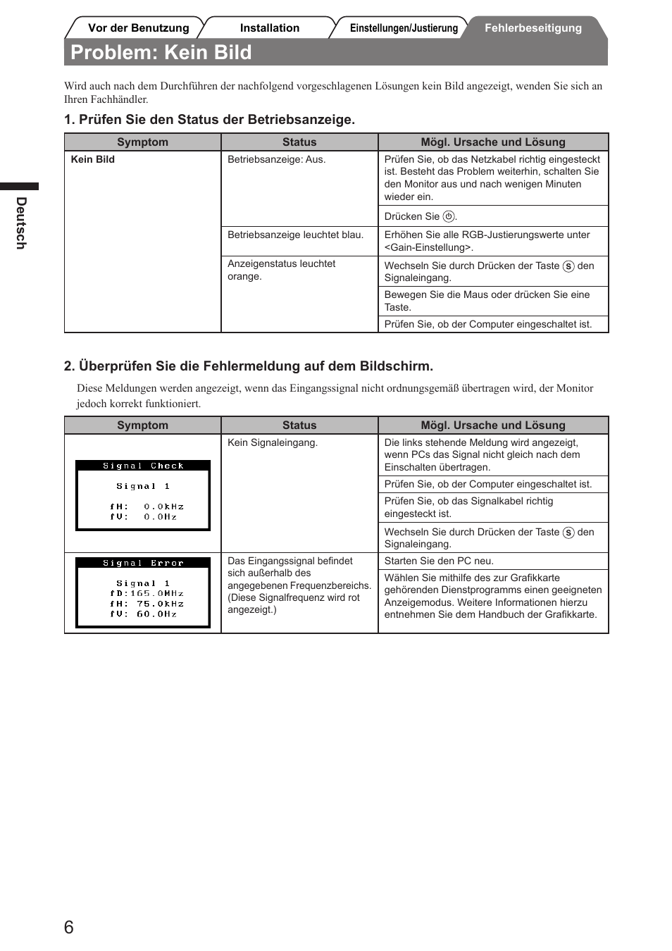 Problem: kein bild, Deutsch, Prüfen sie den status der betriebsanzeige | Eizo FlexScan SX2761W User Manual | Page 14 / 60