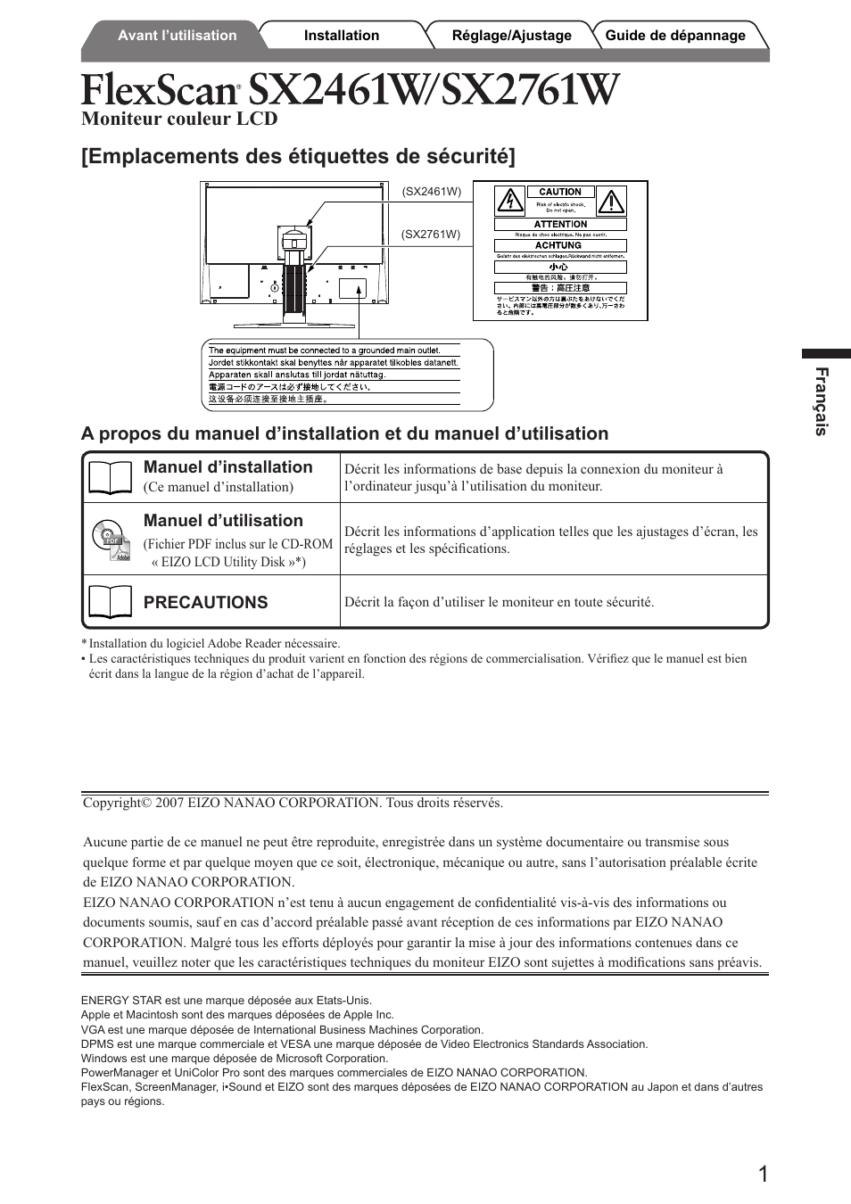 Emplacements des étiquettes de sécurité, Moniteur couleur lcd | Eizo FlexScan SX2761W User Manual | Page 15 / 60