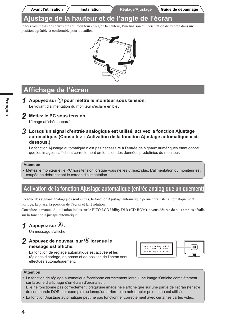 Ajustage de la hauteur et de l’angle de l’écran, Afﬁchage de l’écran | Eizo FlexScan SX2761W User Manual | Page 18 / 60