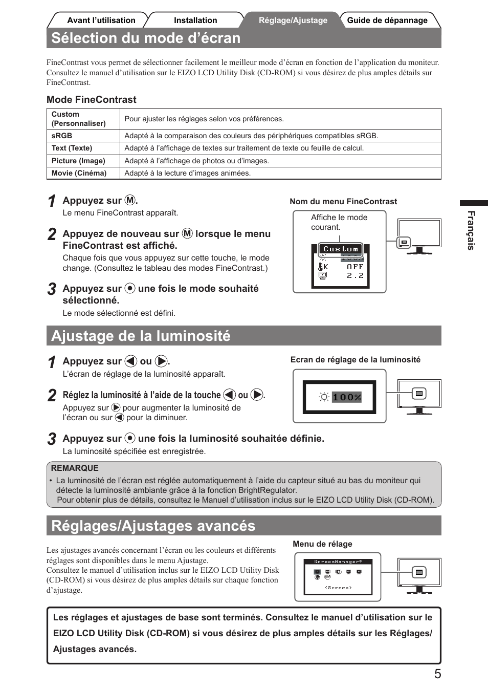 Sélection du mode d’écran, Ajustage de la luminosité, Réglages/ajustages avancés | Eizo FlexScan SX2761W User Manual | Page 19 / 60