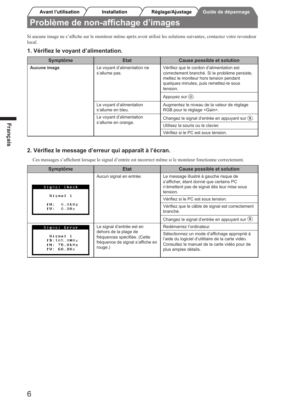 Problème de non-afﬁchage d’images, Français, Vériﬁez le voyant d’alimentation | Vériﬁez le message d’erreur qui apparaît à l’écran | Eizo FlexScan SX2761W User Manual | Page 20 / 60