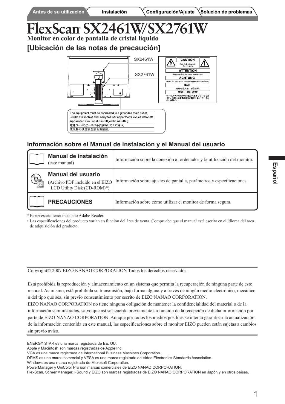 Ubicación de las notas de precaución, Monitor en color de pantalla de cristal líquido | Eizo FlexScan SX2761W User Manual | Page 21 / 60