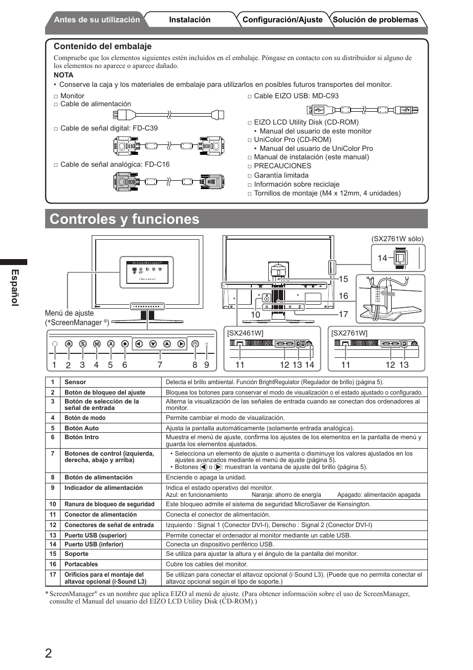 Controles y funciones, Español | Eizo FlexScan SX2761W User Manual | Page 22 / 60