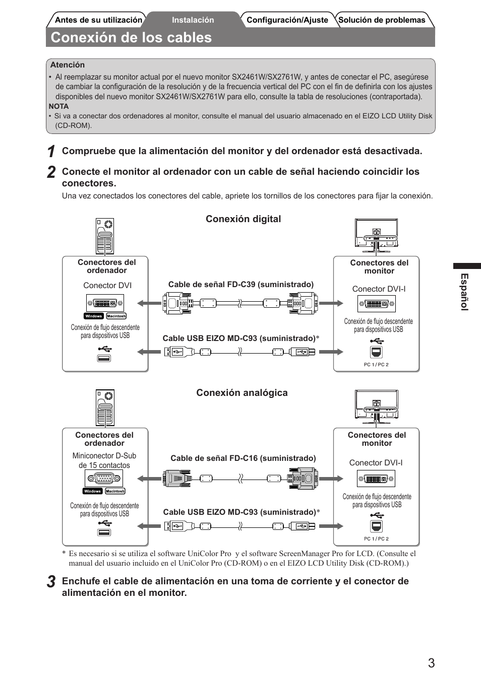 Conexión de los cables | Eizo FlexScan SX2761W User Manual | Page 23 / 60