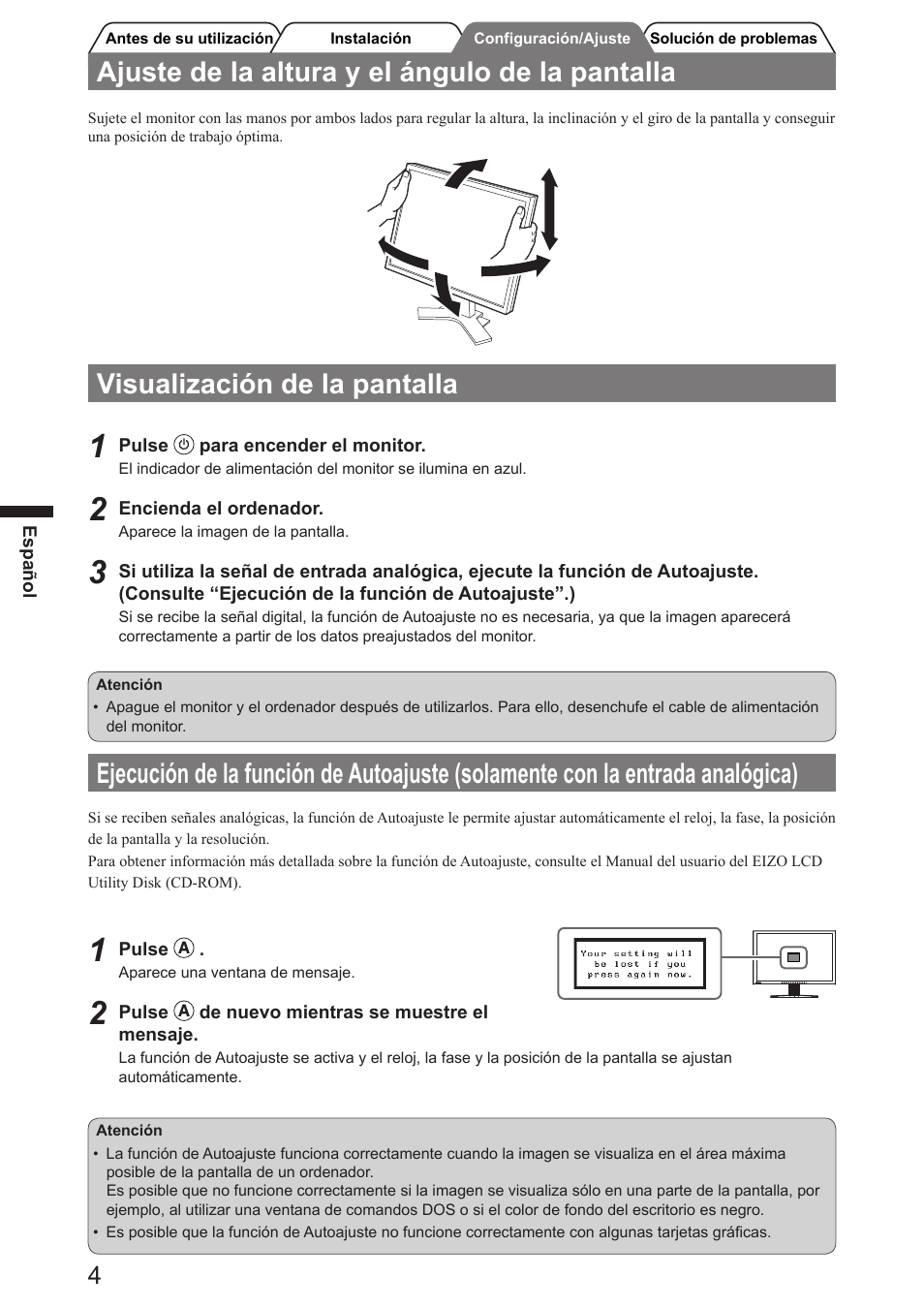 Ajuste de la altura y el ángulo de la pantalla, Visualización de la pantalla | Eizo FlexScan SX2761W User Manual | Page 24 / 60