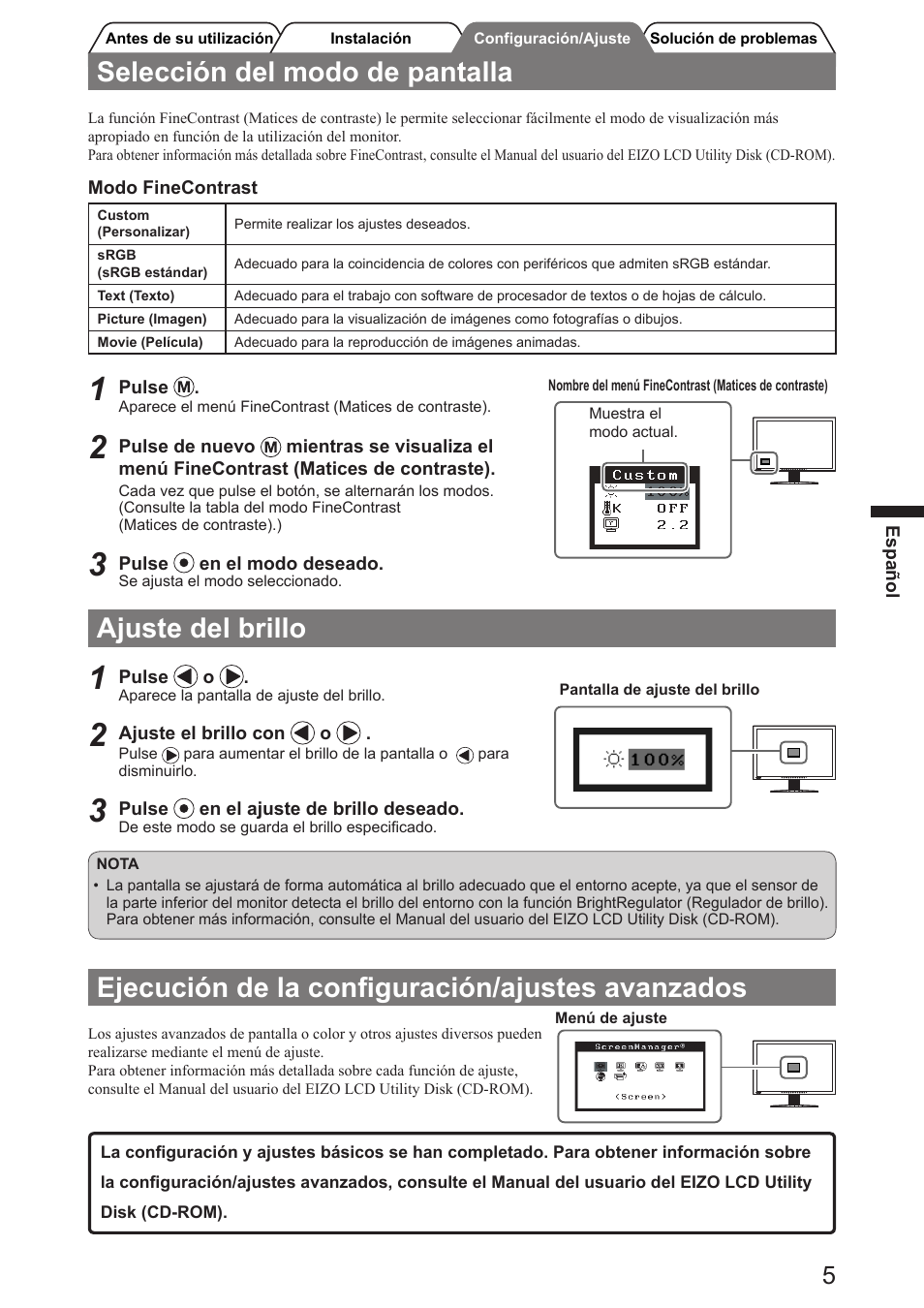 Selección del modo de pantalla, Ajuste del brillo, Ejecución de la conﬁguración/ajustes avanzados | Eizo FlexScan SX2761W User Manual | Page 25 / 60