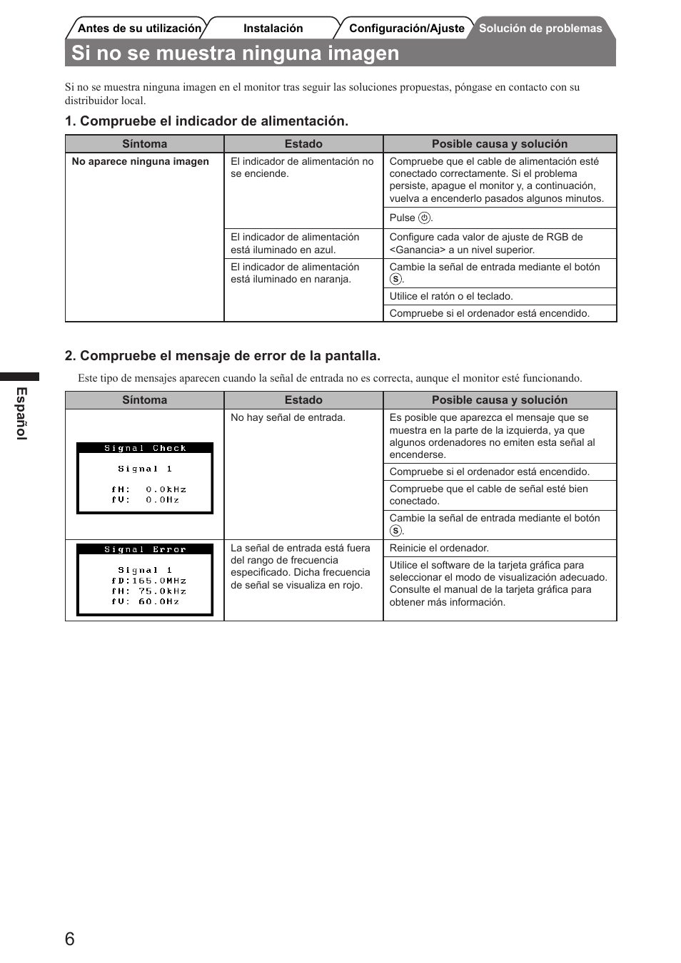 Si no se muestra ninguna imagen, Español, Compruebe el indicador de alimentación | Compruebe el mensaje de error de la pantalla | Eizo FlexScan SX2761W User Manual | Page 26 / 60