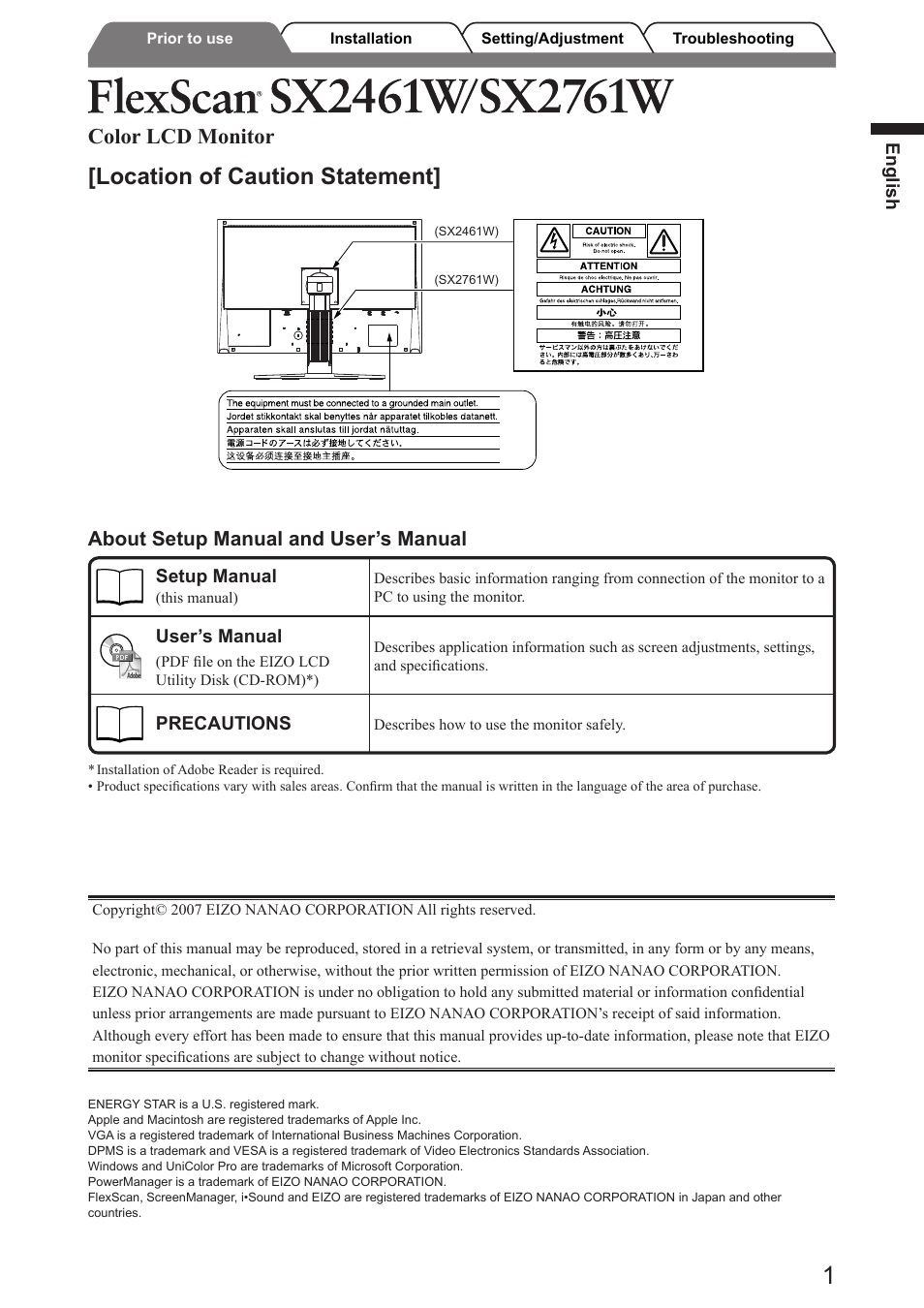 Location of caution statement, Color lcd monitor, About setup manual and user’s manual | Eizo FlexScan SX2761W User Manual | Page 3 / 60