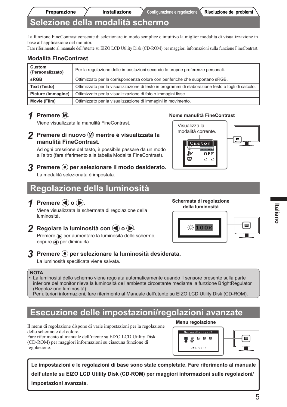 Selezione della modalità schermo, Regolazione della luminosità, Esecuzione delle impostazioni/regolazioni avanzate | Eizo FlexScan SX2761W User Manual | Page 31 / 60